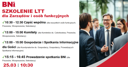 BNI Wrocław - Szkolenie LTT 2025 dla Zarządów i Osób Funkcyjnych (bilet z lunchem)