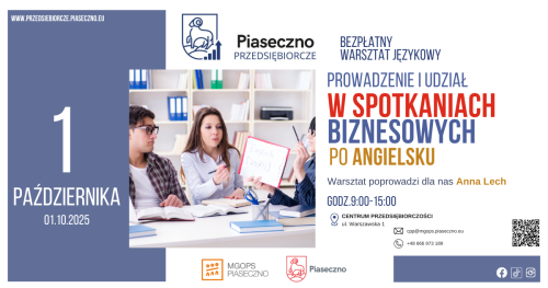Bezpłatny warsztat językowy w Centrum Przedsiębiorczości w Piasecznie "Prowadzenie i udział w spotkaniach biznesowych po angielsku"