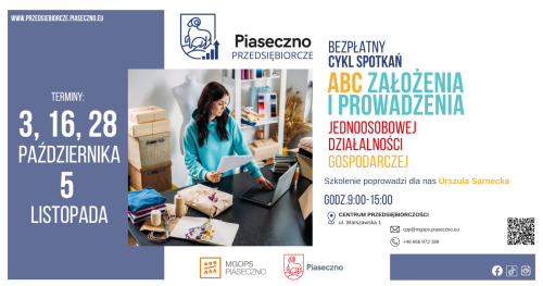 Bezpłatny cykl spotkań w Centrum Przedsiębiorczości w Piasecznie "ABC założenia i prowadzenia jednoosobowej działalności gospodarczej"